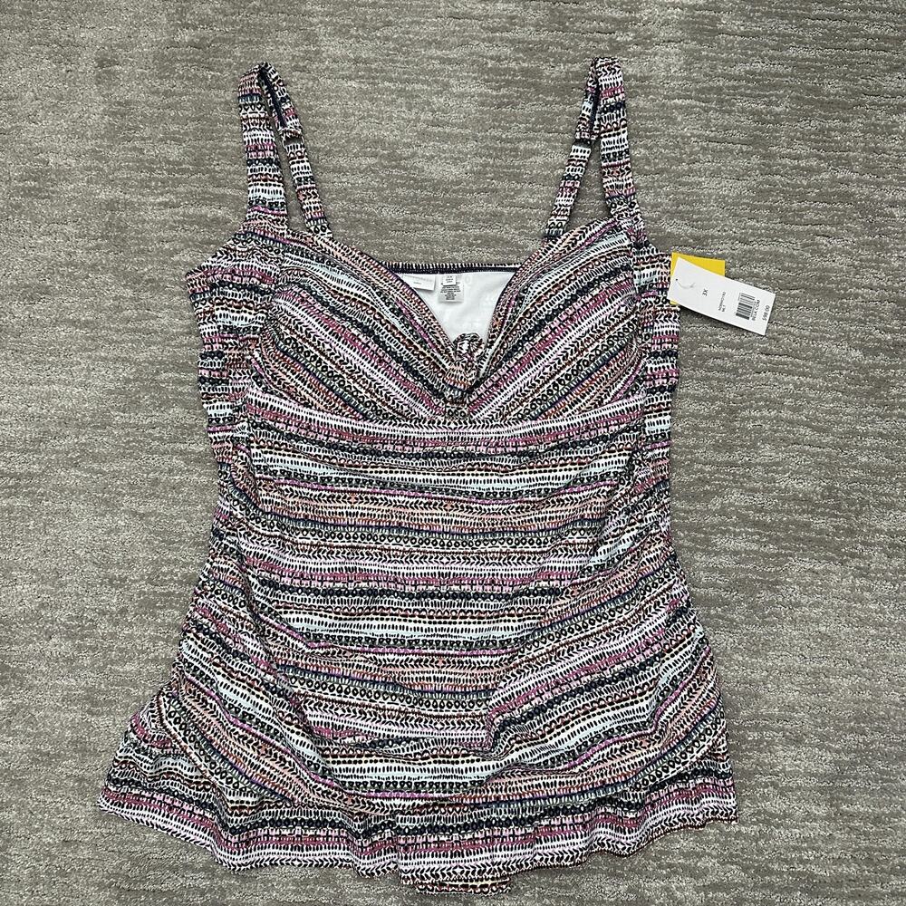 New Directions Swimdress Womens 3X Multicolor Tummy Control Striped Swimsuit